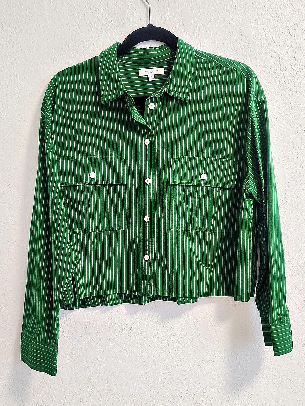 Madewell The Signature Poplin Crop Shirt Striped Cropped Button Down in Green